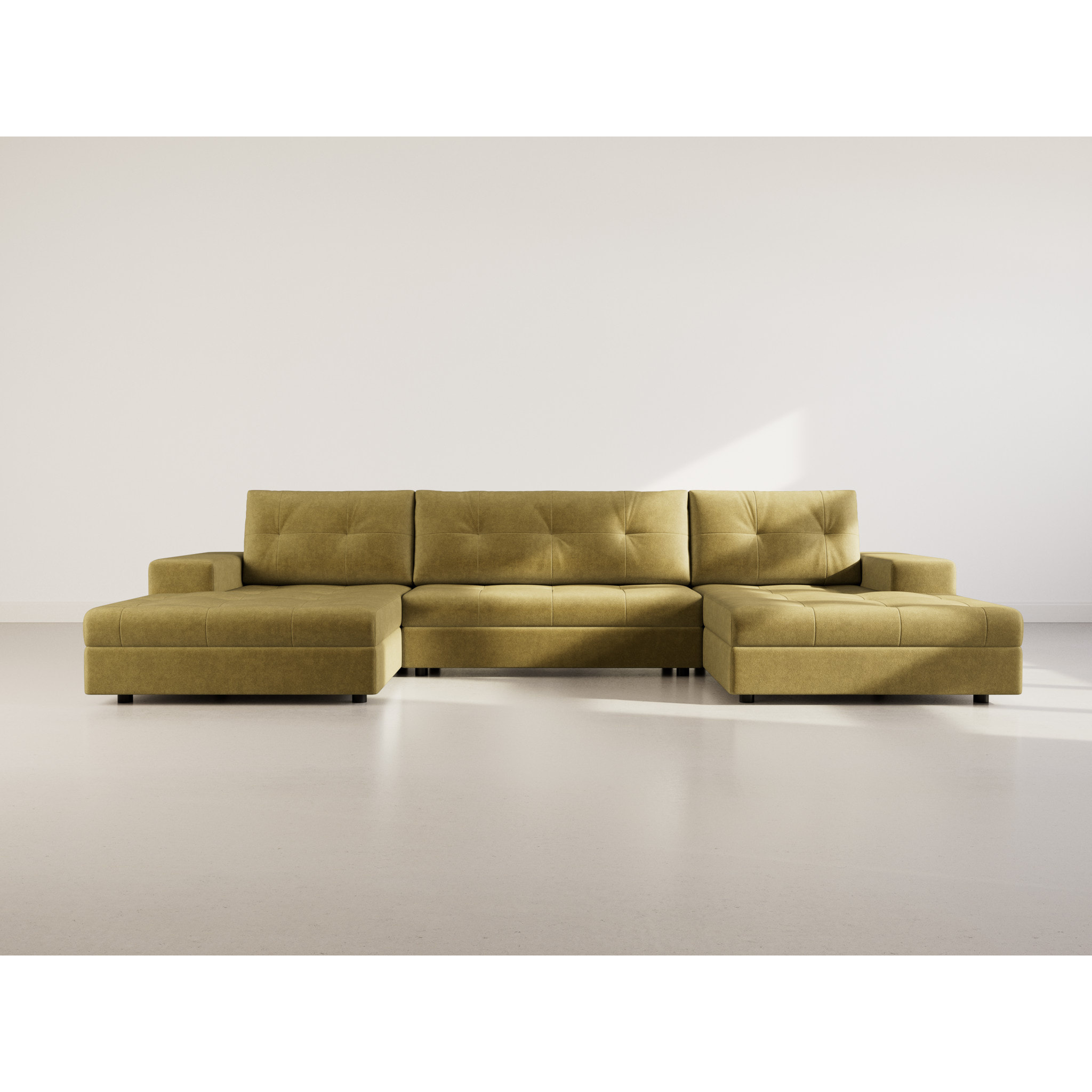 Bastian - canapé panoramique en U 7 places convertible avec coffre en velours texturé - Vert Olive