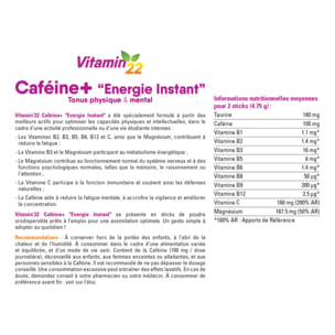 VITAMIN'22 - Caféine+ - Énergie et vitalité quotidienne - Améliore la concentration - 9 Vitamines, Magnésium, Caféine et Taurine - Sans Gluten - Cure de 7 à 14 Jours - 14 Sticks