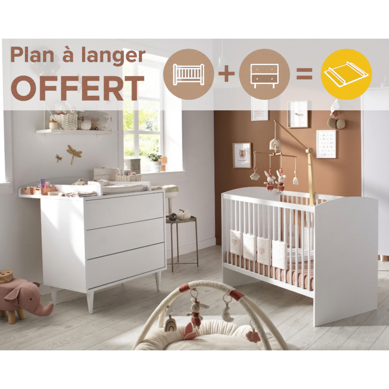 Chambre bébé 2 pièces Milann, Lit bébé 120x60 et Commode à langer