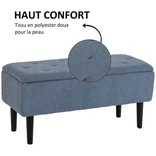 Banc coffre de rangement 2 en 1 piètement bois noir tissu bouclette bleu