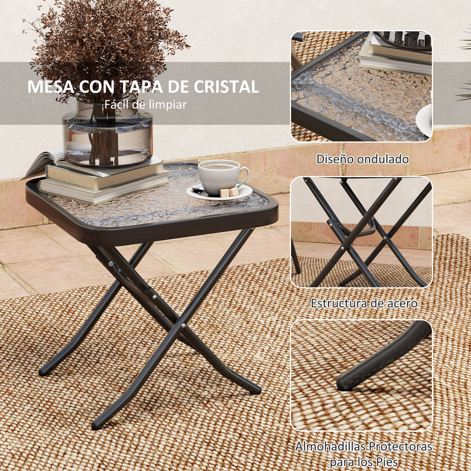 Conjunto de Mesa y Sillas de Terraza Exterior de 3 Piezas Muebles de Jardín Exterior Plegables con Respaldo Regulable Tablero de Vidrio y Estructura de Acero Negro