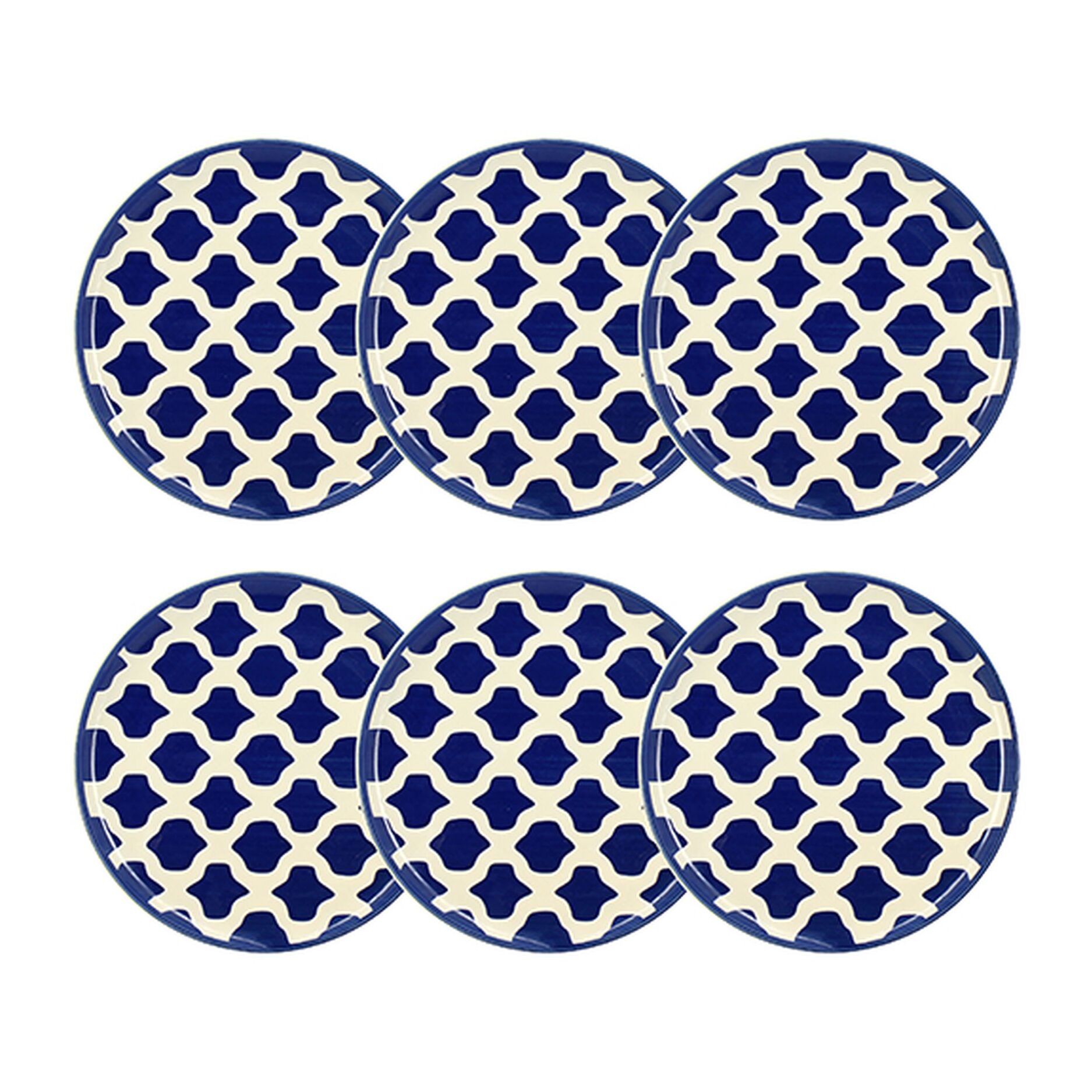 Lot de 6 assiettes plates 26cm en grès bleu et blanc PALM BEACH