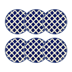 Lot de 6 assiettes plates 26cm en grès bleu et blanc PALM BEACH
