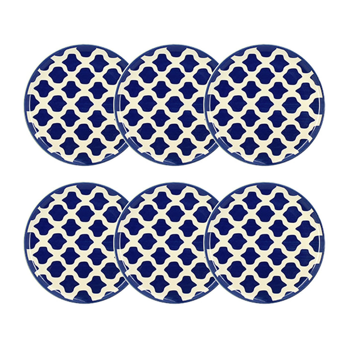 Lot de 6 assiettes plates 26cm en grès bleu et blanc PALM BEACH