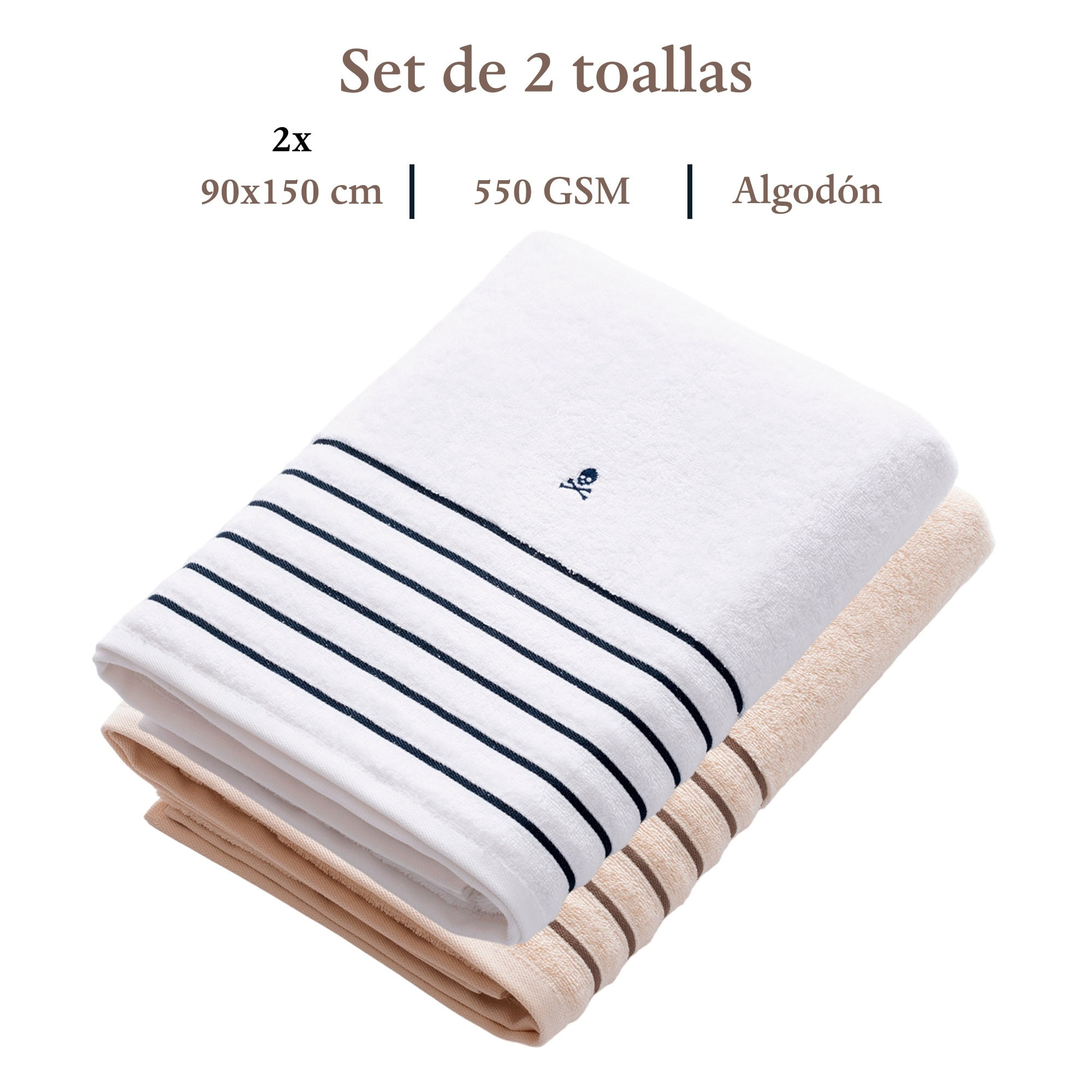 Set de 2 toallas de ducha (150x90), 100% algodón, 470 gsm, en colores blanco y beige con raya marrón, scalpers home