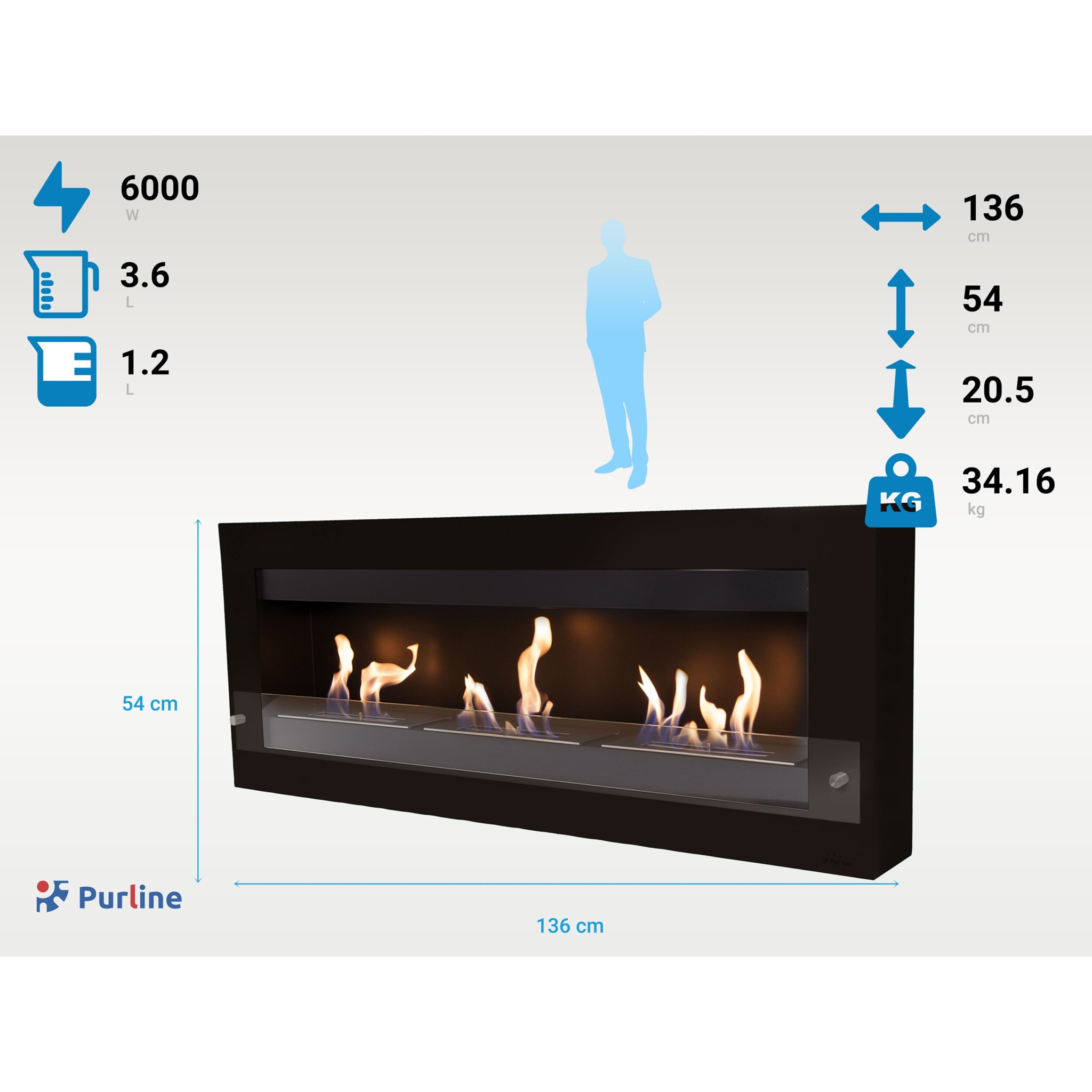 Chimenea de etanol mural extra grande en acero y cristal templado MELIBEA B PURLINE 6000 W