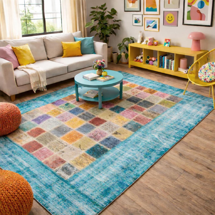 Authentique tapis Noué main en Turquie motif géométrique multicolore