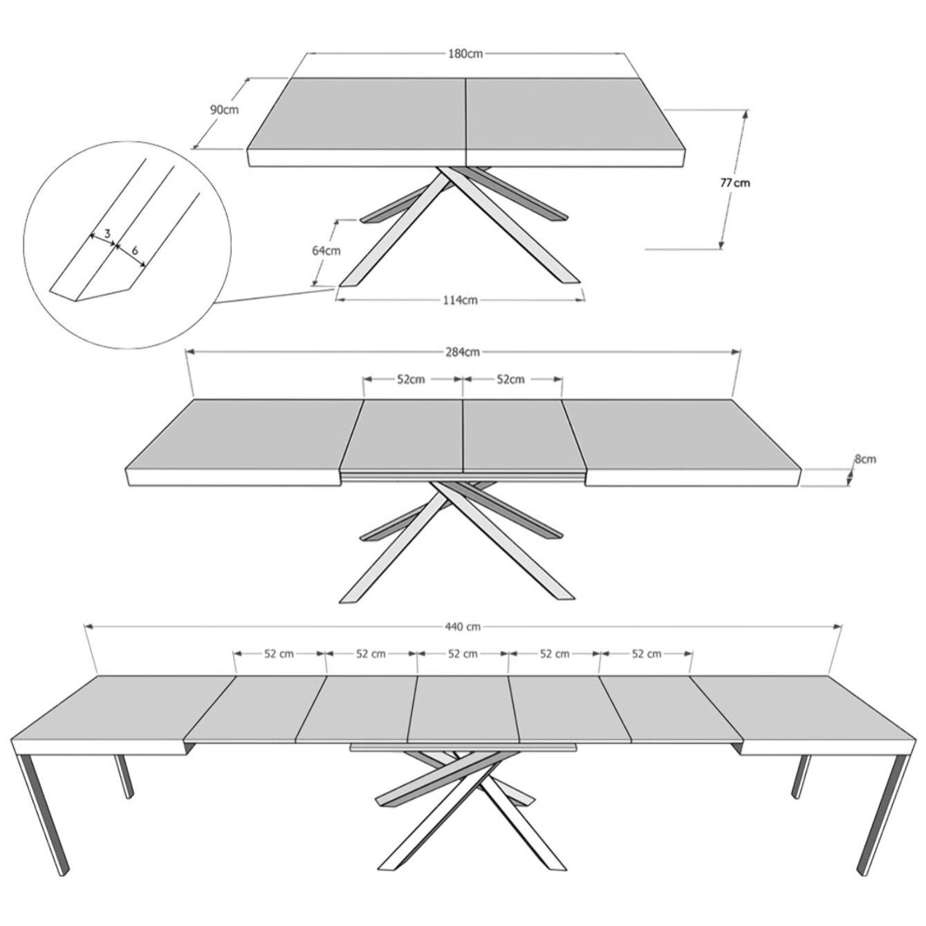 Mesa extensible 90x180/440 cm Karida fresno blanco patas antracita
