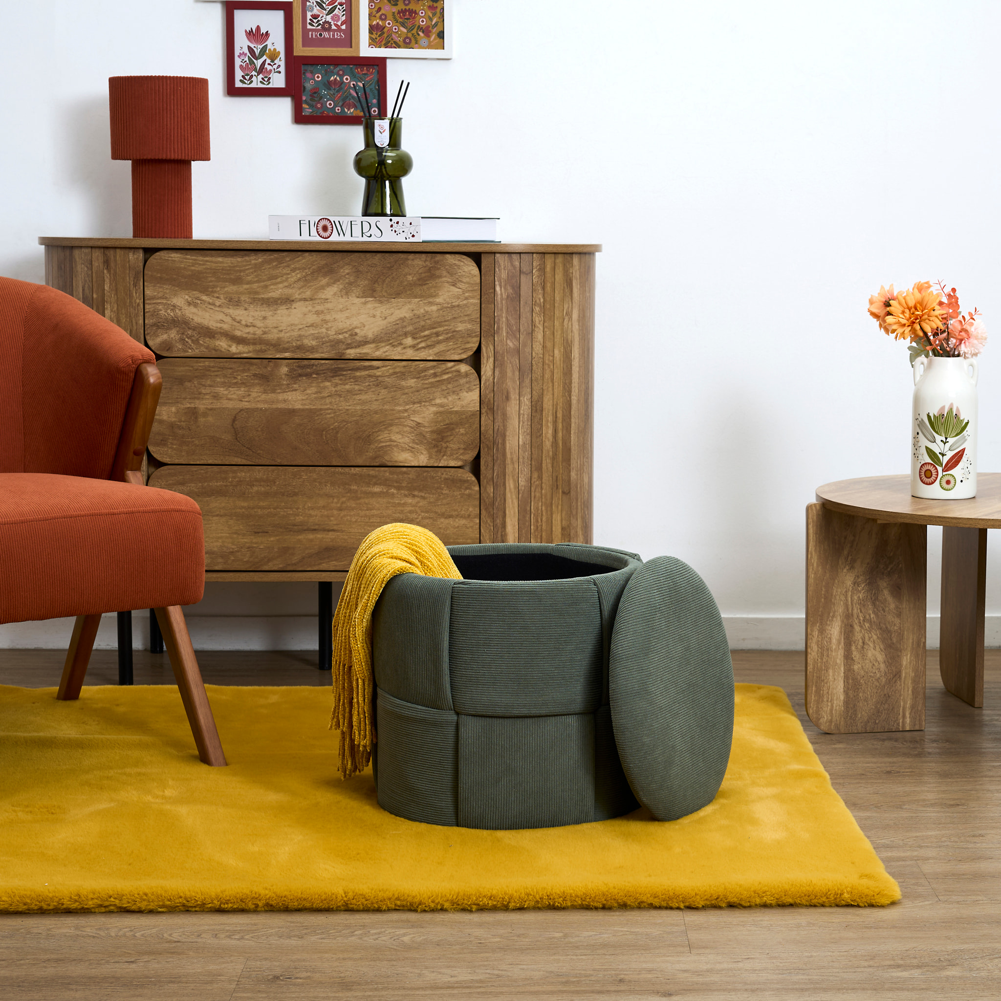 Pouf - HOME DECO FACTORY - Jules - Rangement - Tressé - Côtelé - Vert