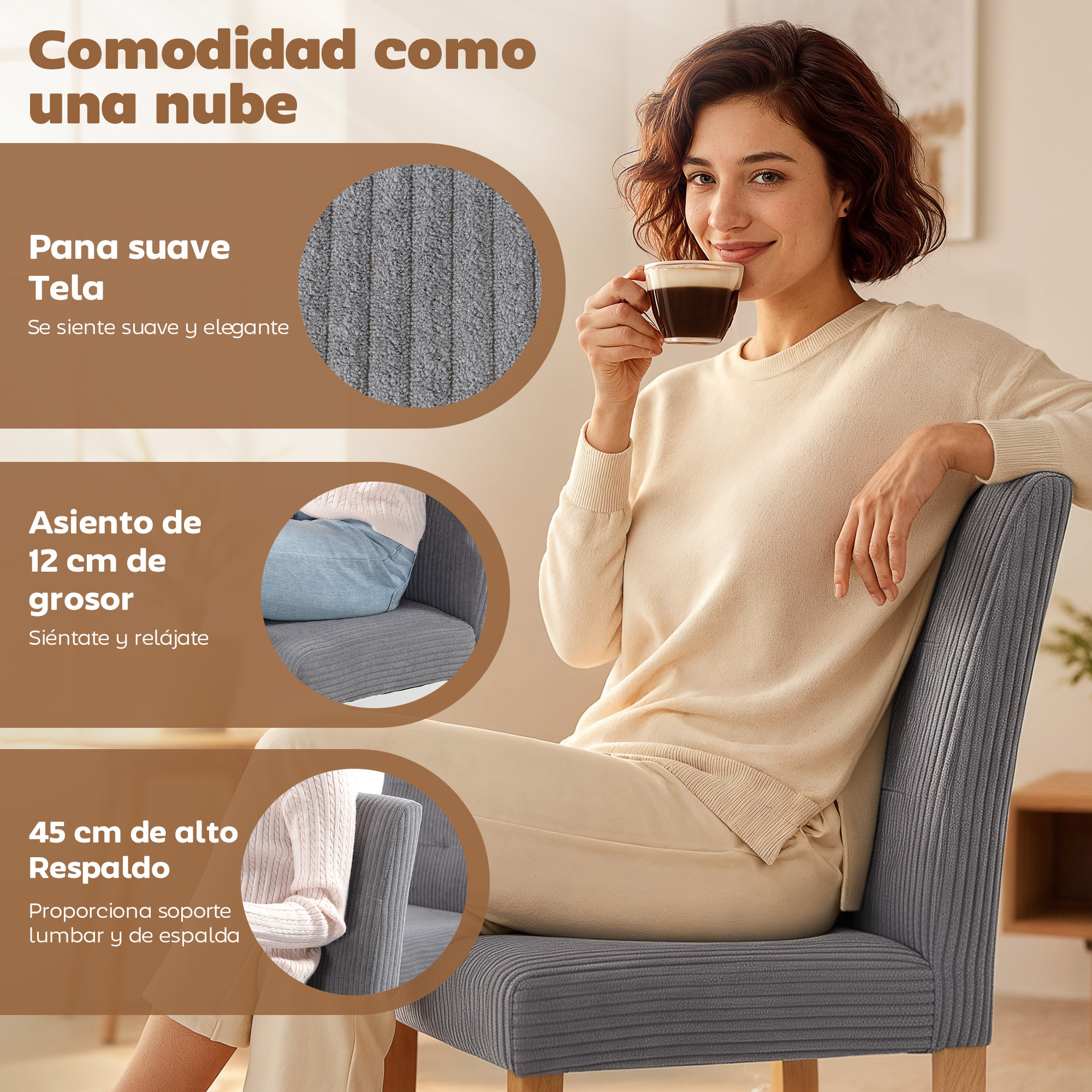 Pack de 4 Sillas de Comedor, Sillas de Cocinas Modernas, Respaldo Alto, Tapizadas en Pana, Asiento Acolchado, Patas de Madera, para Salón, Gris
