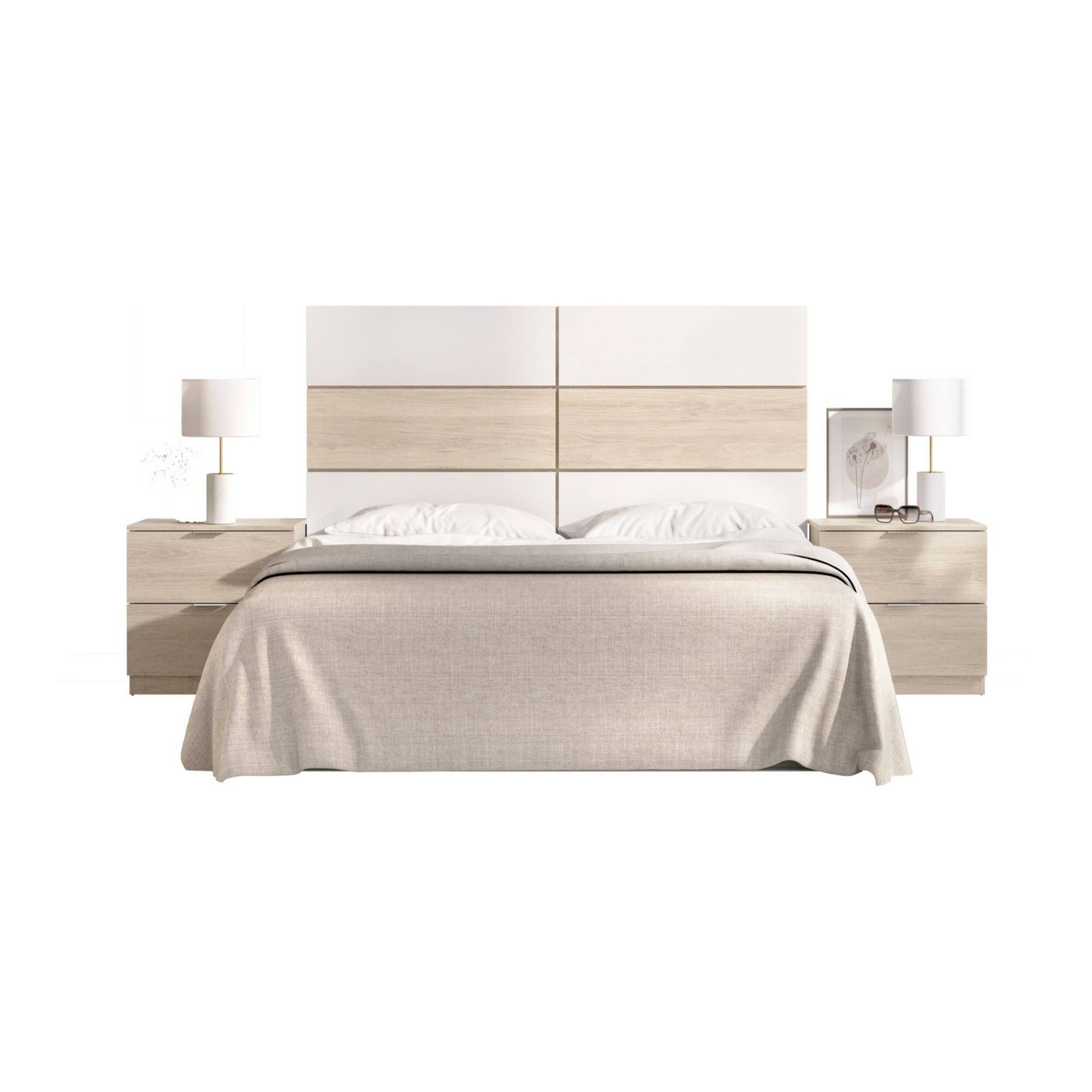 Testiera lettoLucie, Spalliera, Testata per camera da letto, Poggiatesta, 259x34 h122 cm, Bianco e Rovere