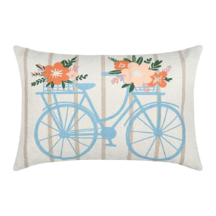 Coussin coton motif vélo fleuri - Bleu