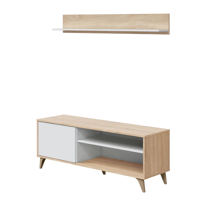 Mobile porta TV Mesa, Credenza per televisione da soggiorno con 1 anta, Supporto TV da salotto, Madia di design, cm 135x40h50, Rovere