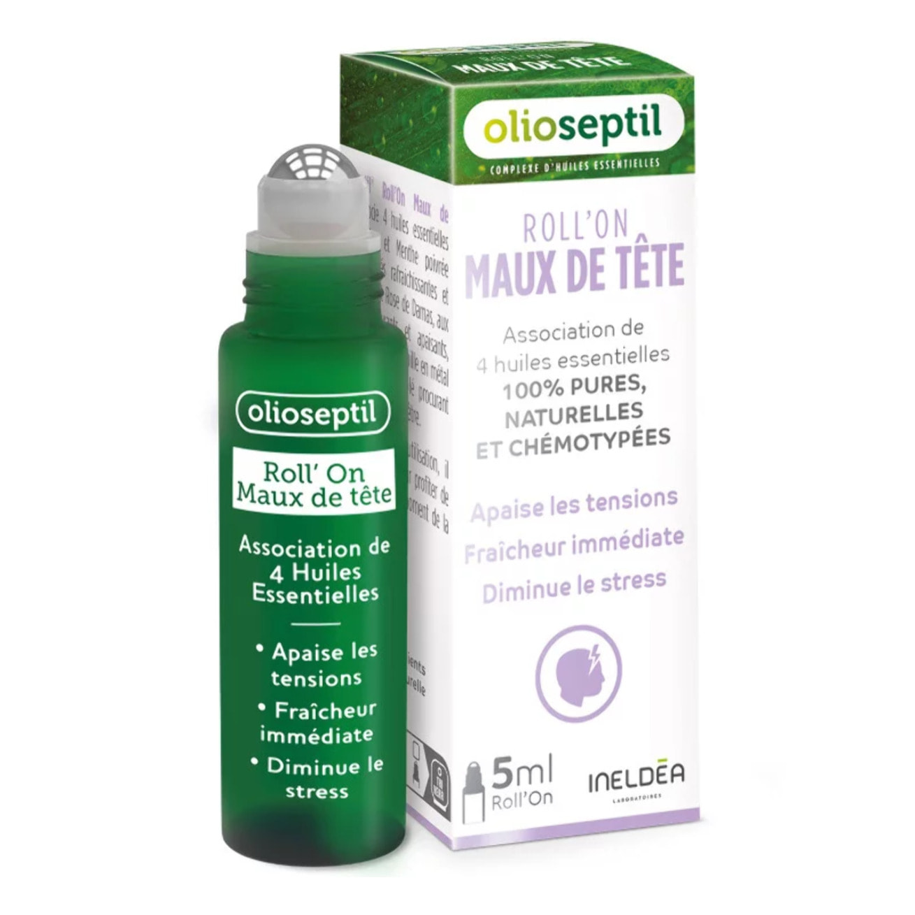 OLIOSEPTIL - Roll'On Maux de Tête - Apaise les tensions - Fraîcheur immédiate - Diminue le stress - Aux Huiles Essentielles - Extrait de plantes - Marque Française - Roll'on 5ml