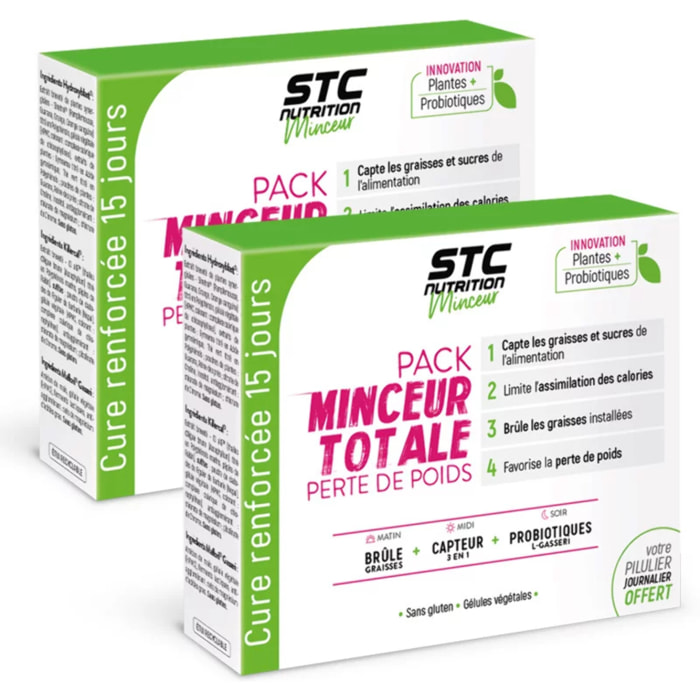 Pack Minceur Totale - Cure Perte de Poids 3 en 1 - Brûle & Déstocke les graisses installées - Convient aux Vegan - Actifs Naturels - Sans Gluten - Pilulier offert - Lot de 2