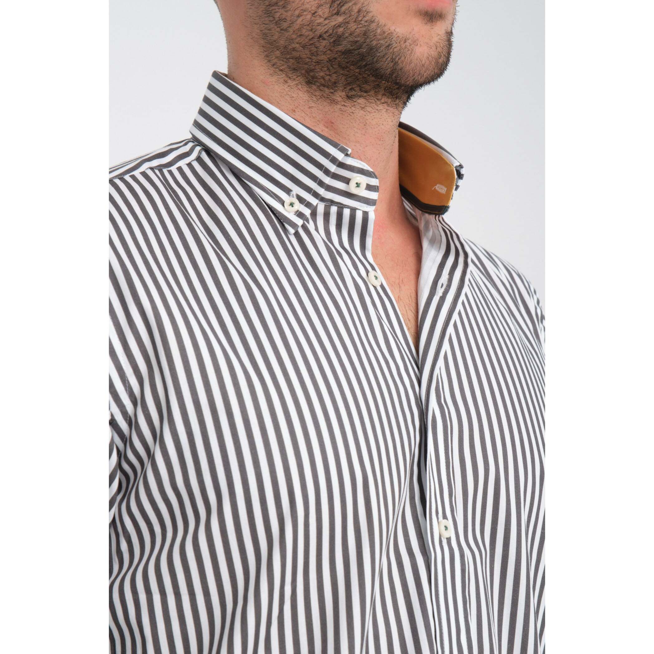 camicia uomo 1 bottone button down slim Popeline Stretch Riga Media Bianco e Grigio Scuro