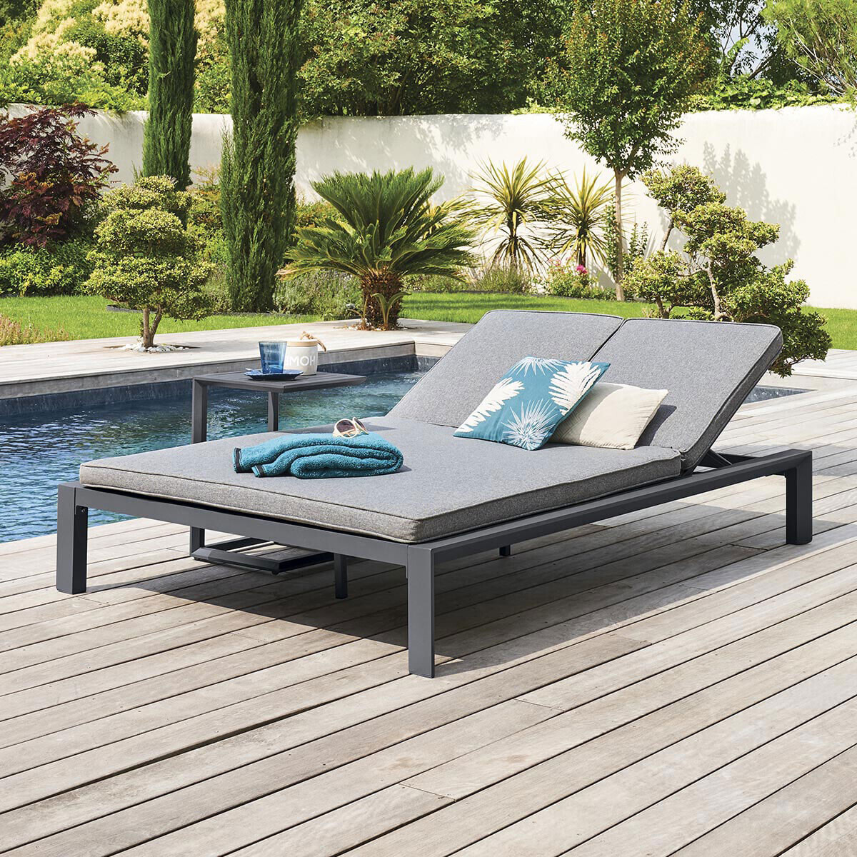 Lit de piscine double "Evasion" anthracite & graphite 2 places en aluminium traité époxy