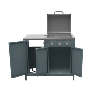 Cuisine extérieure Naxos 2 modules acier inoxydable bleu gris barbecue gaz 3 brûleurs avec évier
