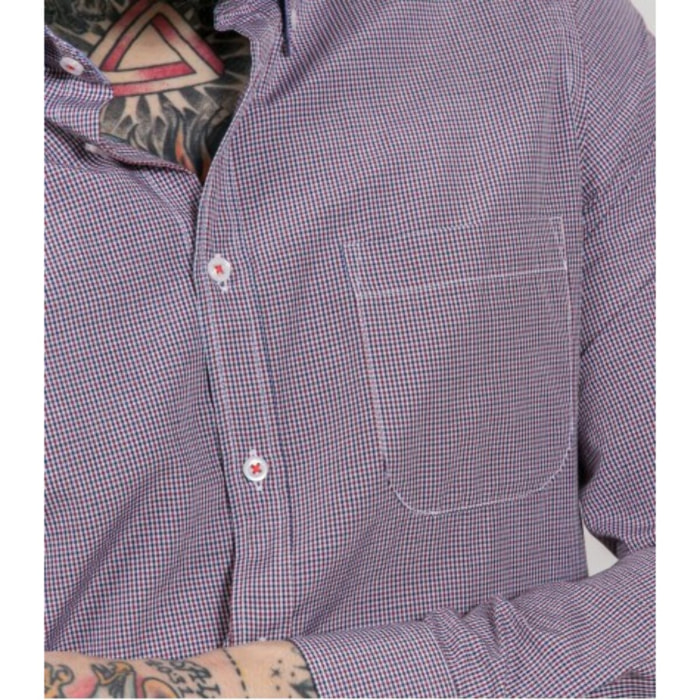 Camicia Uomo 1 Bottone Button Down Manica Corta Slim Cotone Poliestere Quadro Piccolo Bianco e Arancio