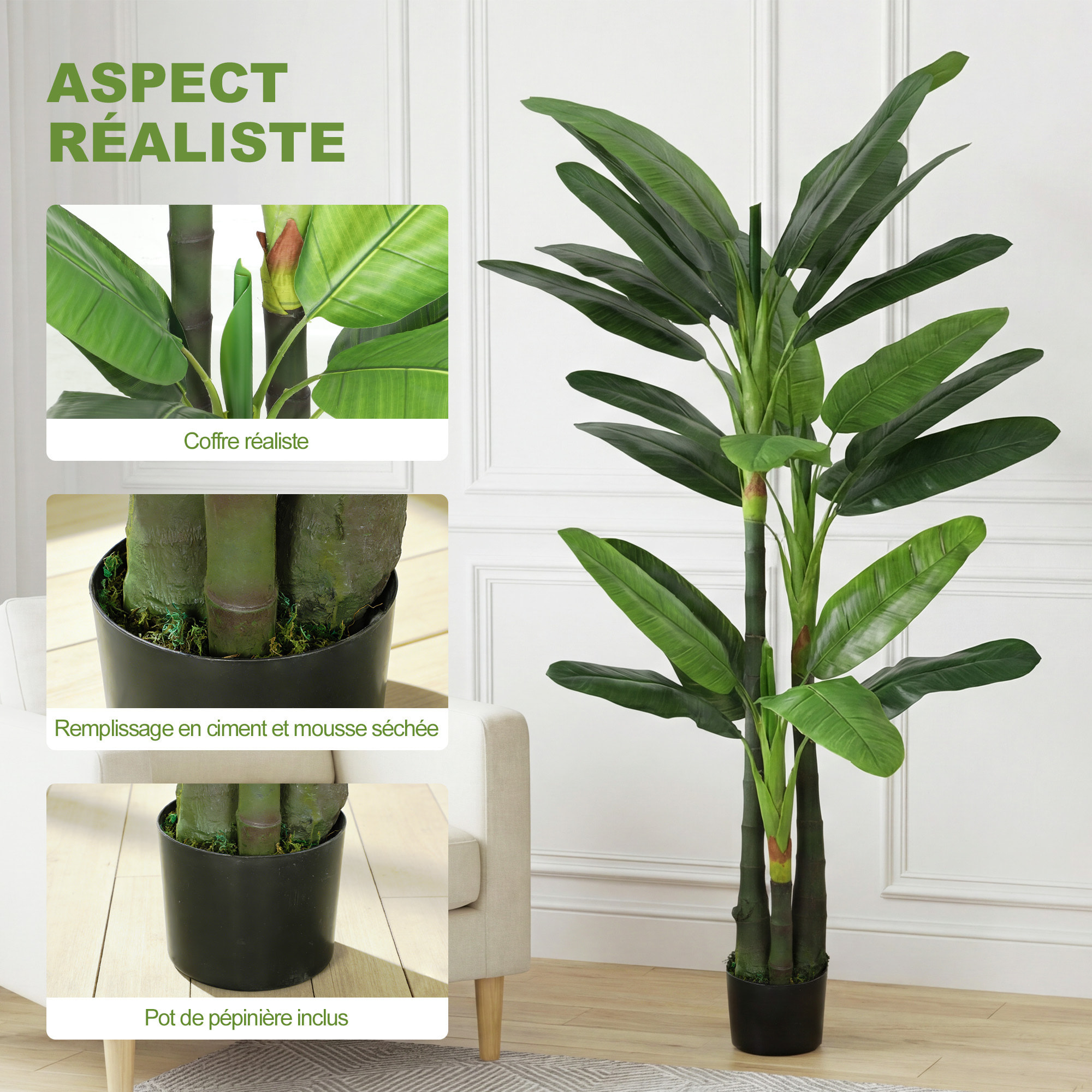 Plante artificielle bananier H.180 cm 18 feuilles grand réalisme