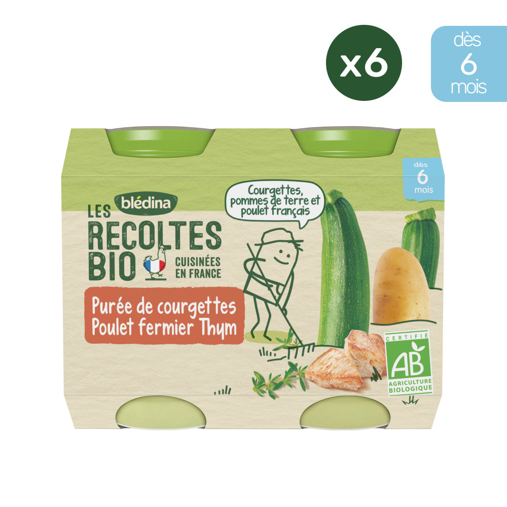 12 Petits Pots Courgettes, Riz, Poulet, Thym 6x(2x200g) - Les Récoltes Bio Dès 6 Mois