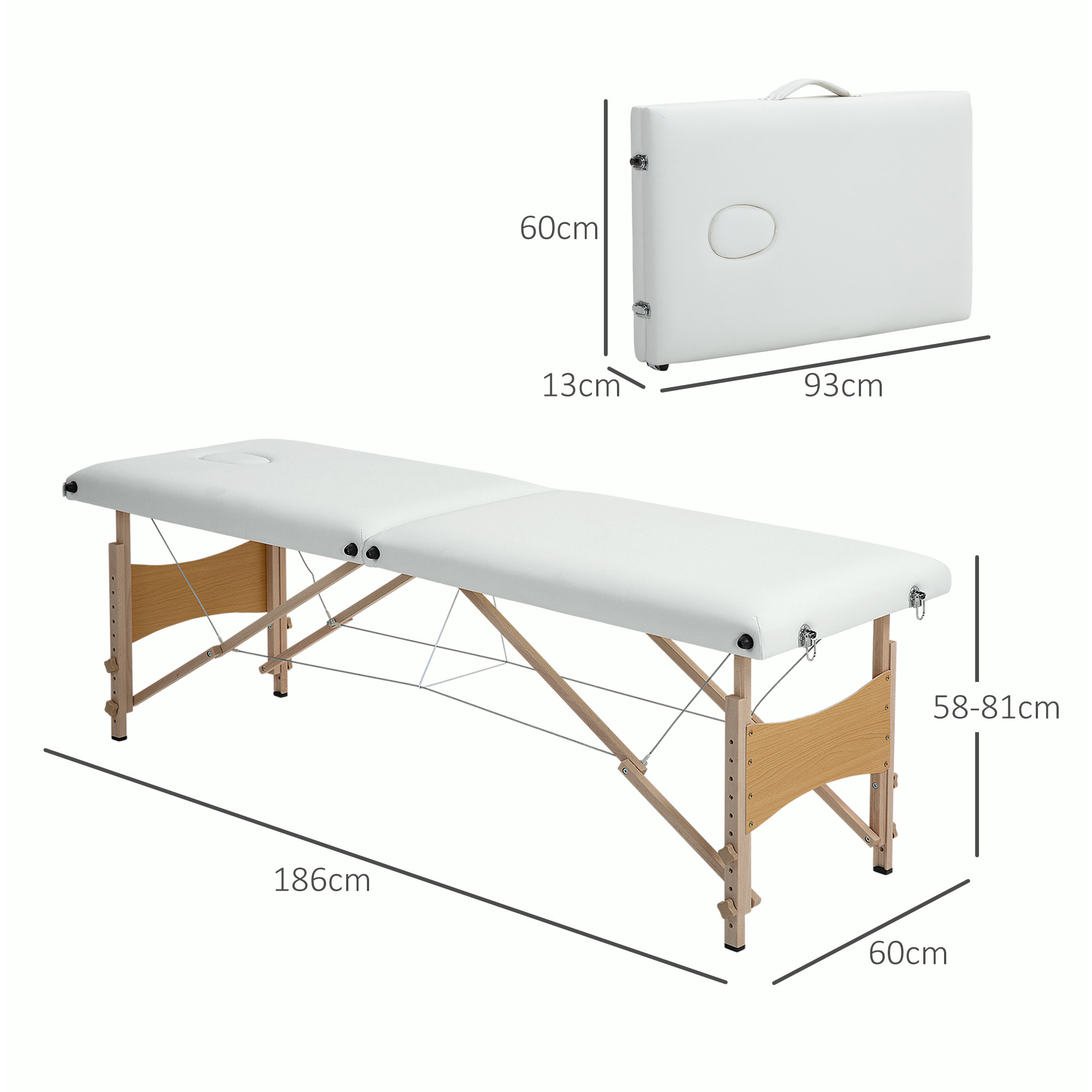 Table de massage pliante 2 zones sac tranport inclus 186L x 60l x 58-81H cm bois synthétique crème