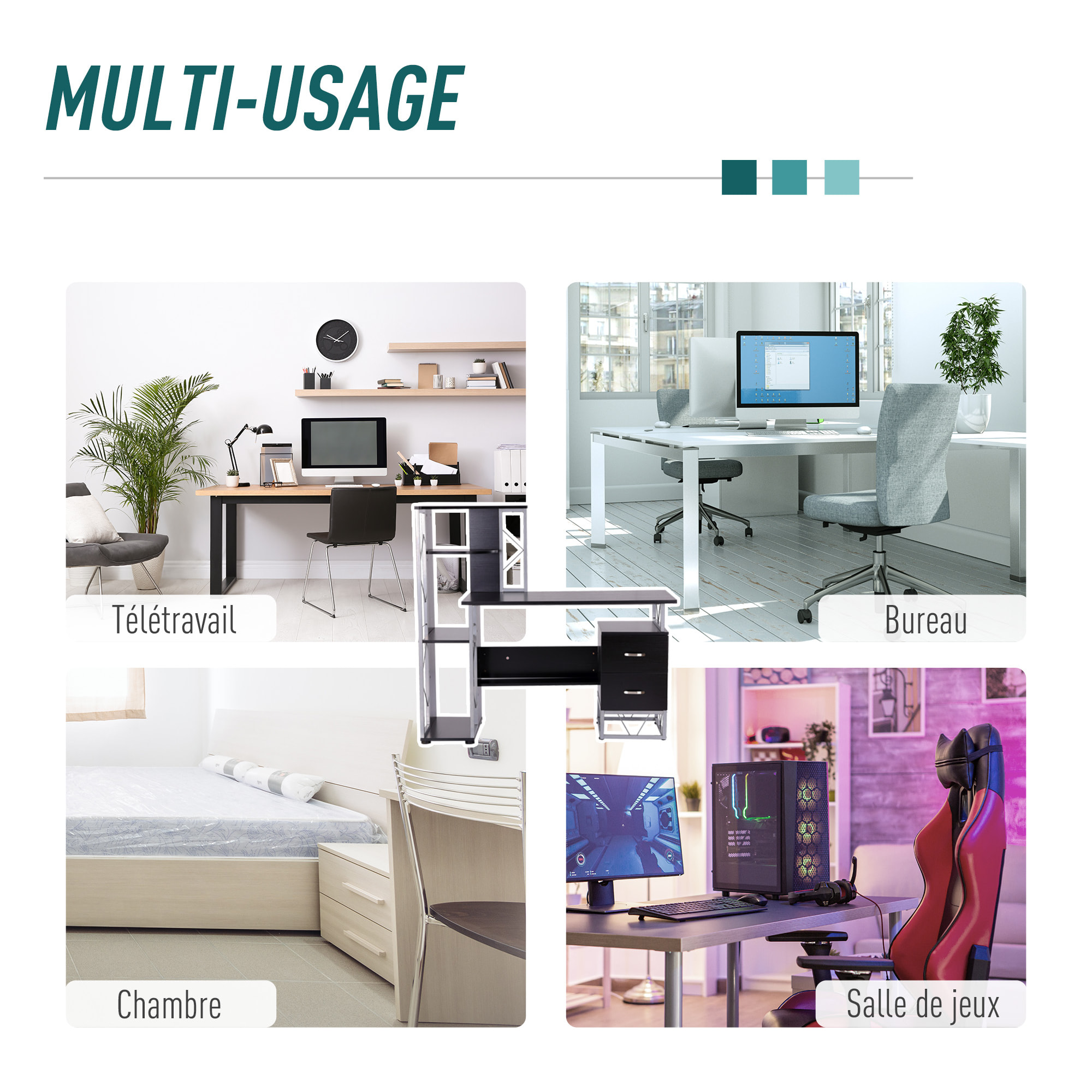 Bureau informatique design industriel multi-rangement noir