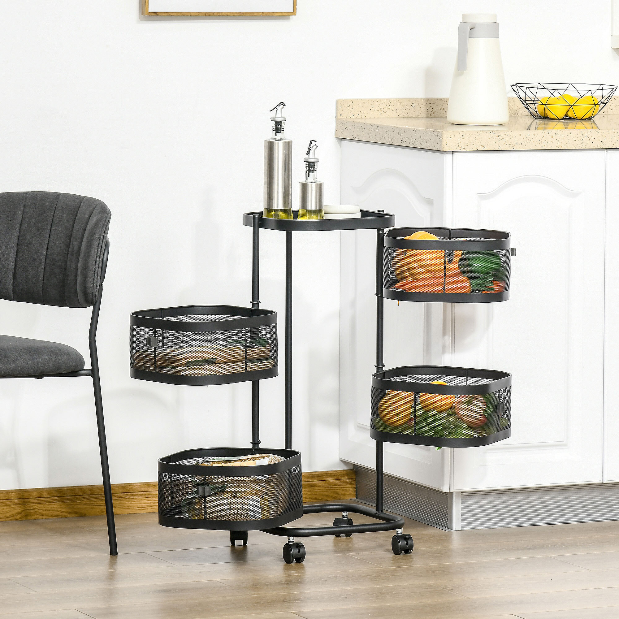 Resserre de cuisine 4 paniers rotatifs sur roues en métal H.77cm noir
