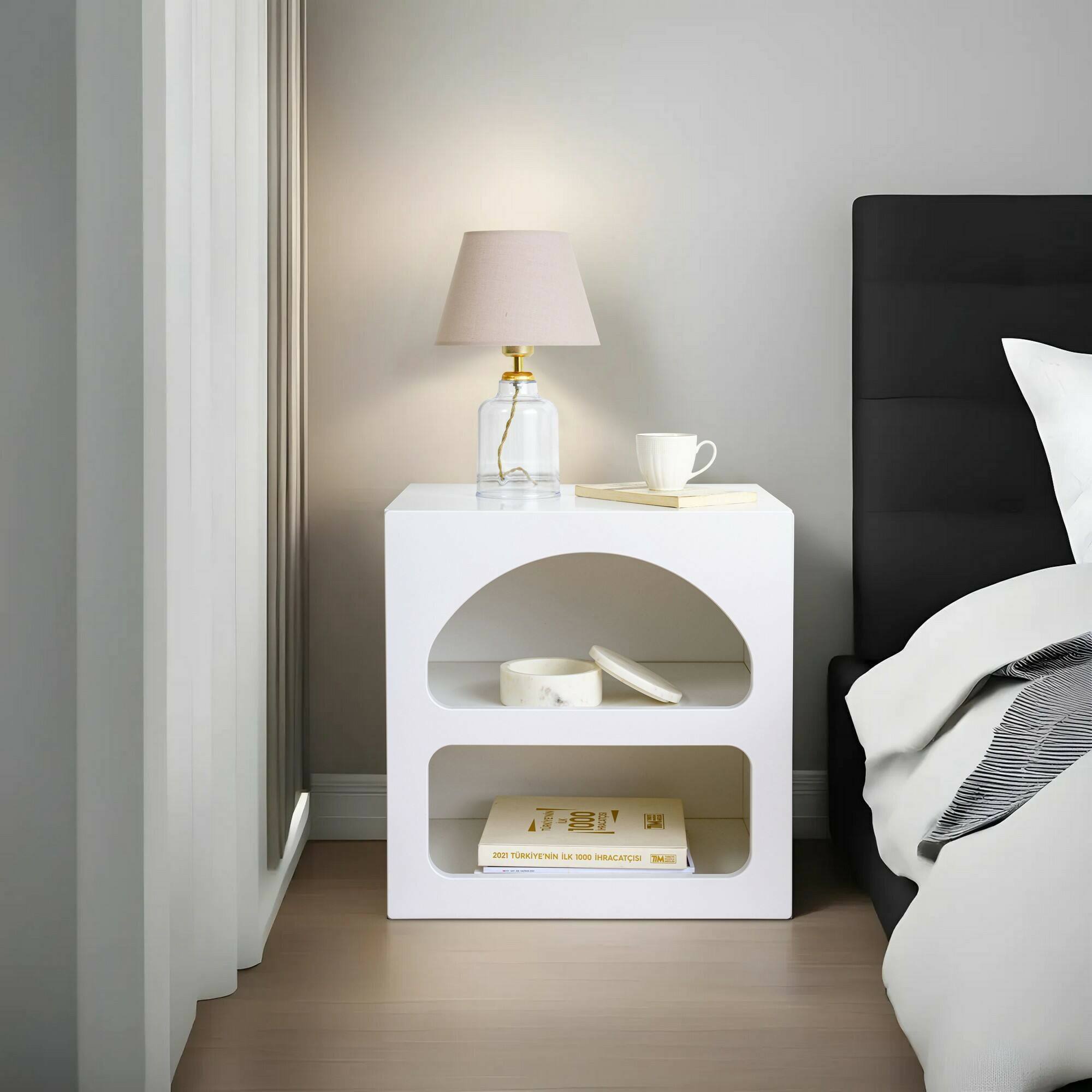 Comodino Nara, Comò basso, Tavolino da notte, Mensola da letto, 50x38h50 cm, Bianco