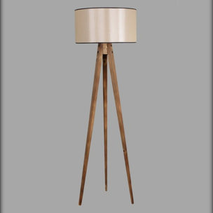 Lámpara de pie con madera, marrón claro, pantalla ancha beige, colección Tanganica, 45x45x153, casquillo E 27 Max 60 W