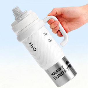 Termo MD-058 de 800 ml con sellado antifugas, filtro colador integrado y pajita incluida. Tapa con doble apertura, asa de transporte e interior de acero inoxidable.