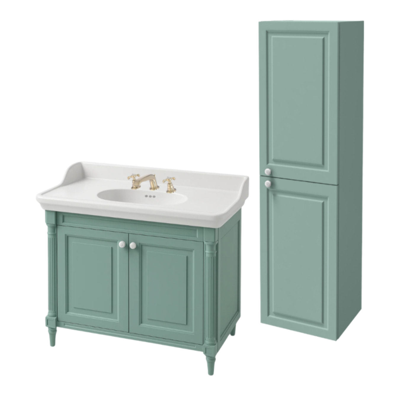 Pack meuble vasque 3 trous Cléo 1889 vert velours + colonne droite + mélangeur croisillons or