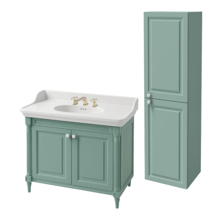 Pack meuble vasque 3 trous Cléo 1889 vert velours + colonne droite + mélangeur croisillons or