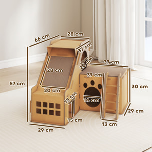 Rascador Cartón para Gatos Forma Castillo 2 en 1, Rascador para Gatos con 2 Zonas de Rascado, Catnip, Rampa y Escalera, para Interior, 67x66x57 cm, Marrón