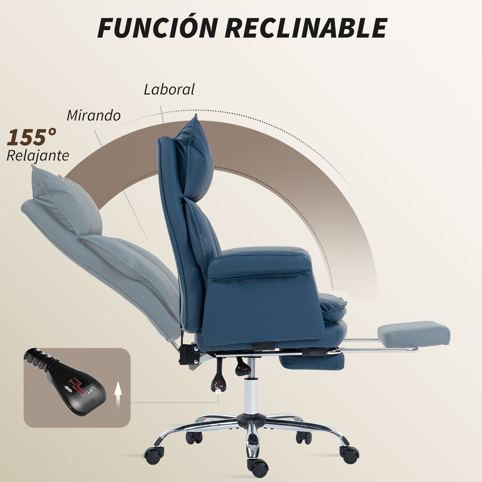 Silla de Escritorio con Reposapiés, Silla de Oficina Giratoria, con Respaldo Reclinable y Alto, Acolchado Grueso, Tapizada en Cuero Sintético, Soporte Lumbar, Altura Ajustable, Ruedas, Azul