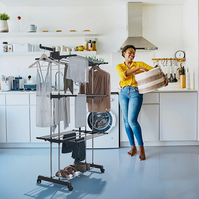 Stendibiancheria A Rotelle Stendino A Torre Verticale In Acciaio E ABS 4 Piani Pieghevole Salvaspazio Con Ali Richiudibile Biancheria Interno Nero