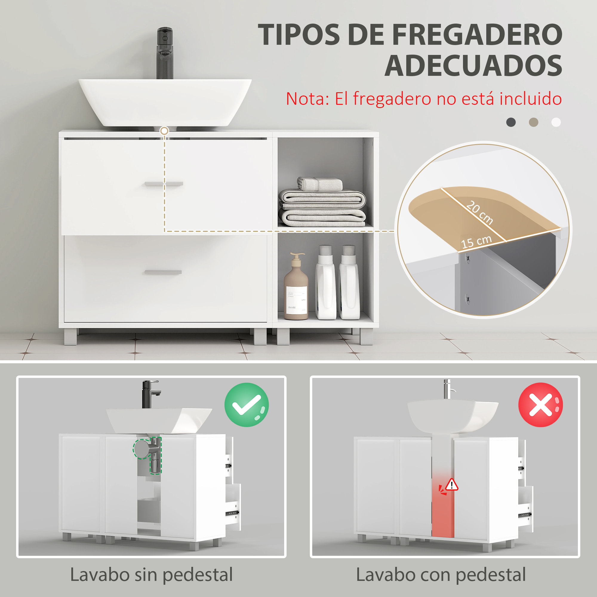 Mueble Bajo Lavabo, Mueble de Baño con 2 Cajones y 2 Estantes Abiertos, Estilo Moderno, para Lavabo con Pedestal, 90x30x60 cm, Blanco