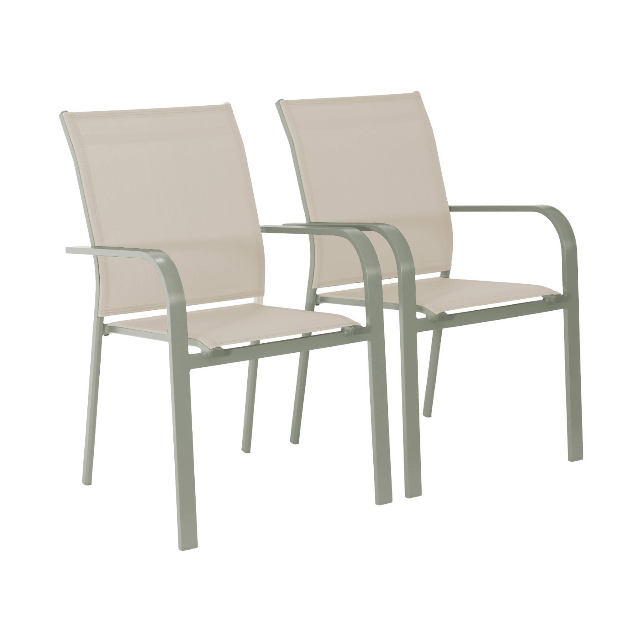 Lot de 2 fauteuils de jardin BUFFALO empilables aluminium et textilene kaki. 64.5 x 45.5 x 89.5 cm