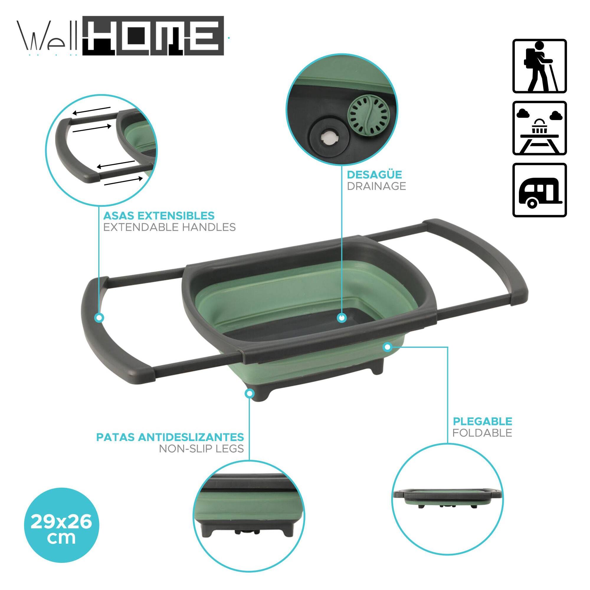 cesta lavavajillas plegable en color verde y gris