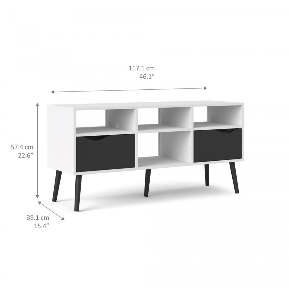 Mobile porta TV a due cassetti e scomparti aperti, colore bianco e nero, cm 117 x 57 x 39