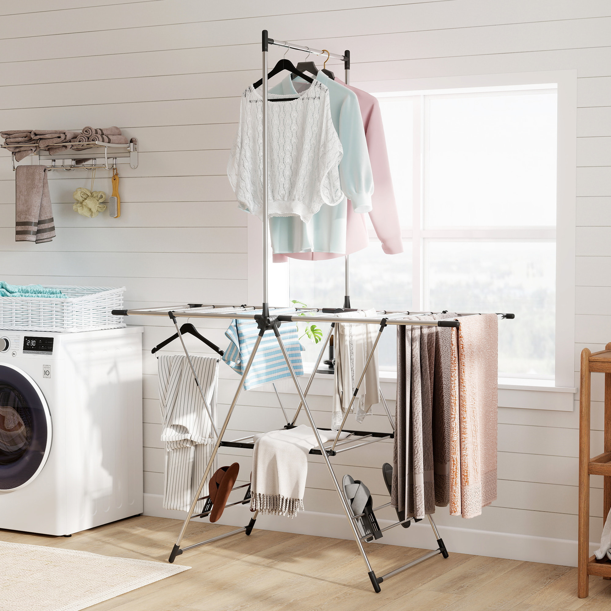 Étendoir pliable - séchoir à linge - ailes réglables, barre suspension - acier inox