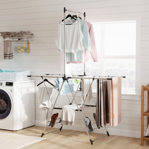 Étendoir pliable - séchoir à linge - ailes réglables, barre suspension - acier inox