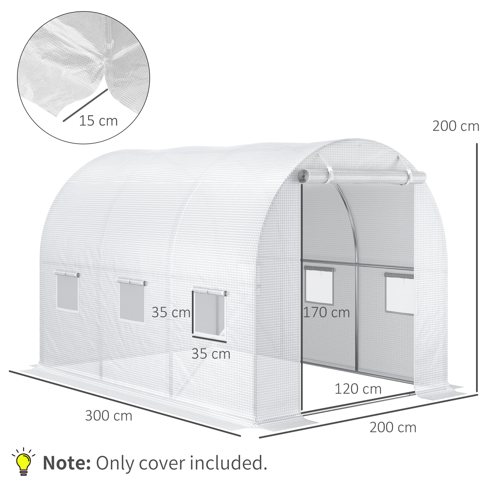 Plásticos para Invernaderos 3x2x2 m Cubierta de Repuesto para Invernadero de Polietileno con 6 Ventanas y Puerta Enrollable Protección de Plantas para Jardín Blanco