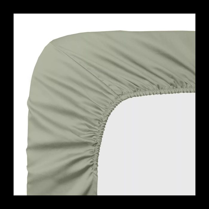 Drap housse b50 satin de coton uni vert Ava uni lichen