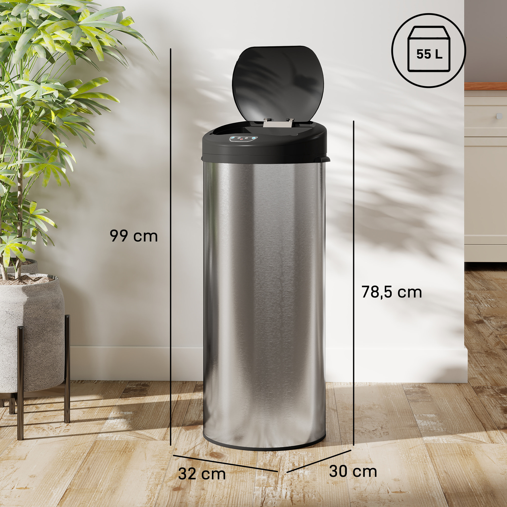 Cubo de Basura Cocina Automático 55 L, Papelera de Cocina de Acero Inoxidable con Sensor Infrarrojo, Cierre Suave y Anillo, Antihuellas, para Dormitorio, Oficina y Hogar, Plateado