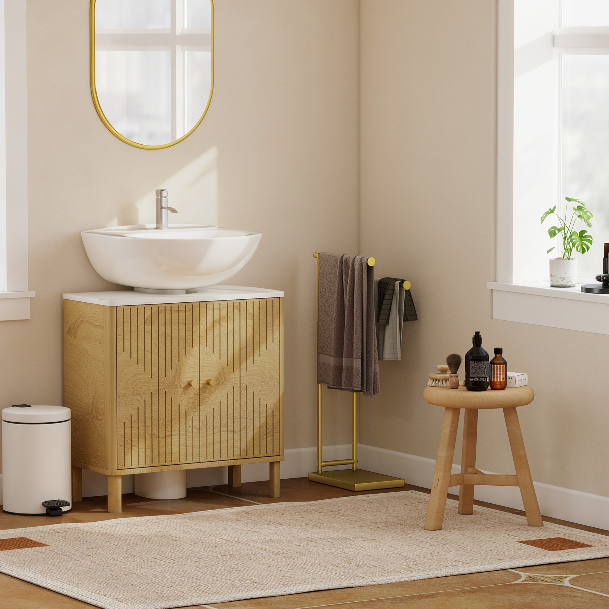 Toallero de Pie de 2 Niveles, Toallero Escalera de Baño con 2 Barras y Marco Metálico, Estilo Moderno, en Forma de L, 35,5x20x78 cm, Dorado