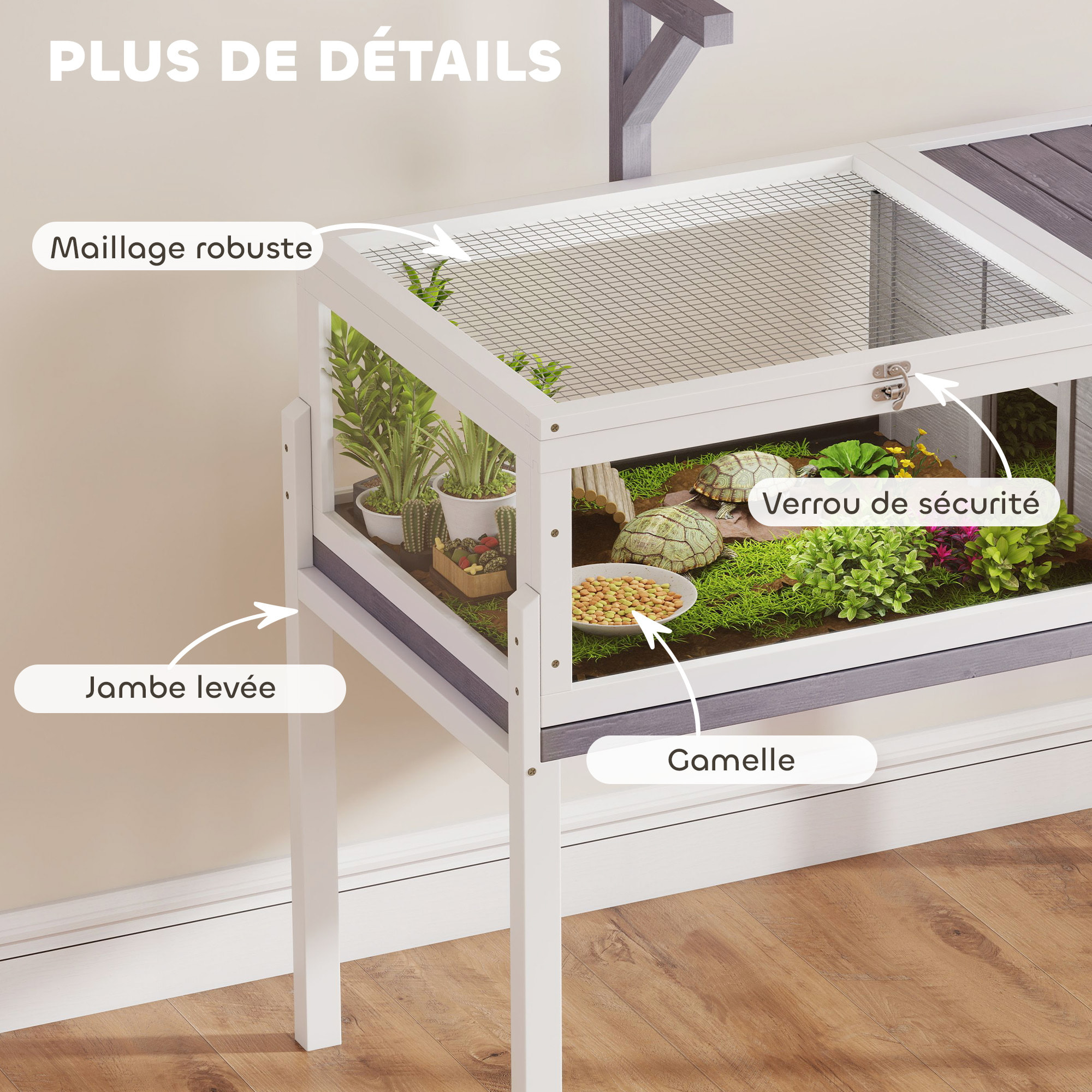 Terrarium maison tortue sur pied - niche, plateau déjection, support lampe - bois blanc gris