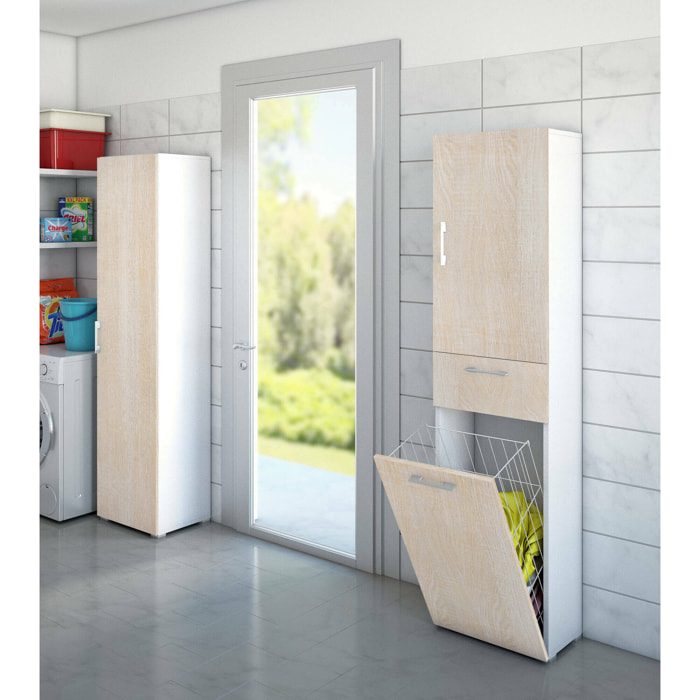 Armadio multiuso Aryanne, Mobile lavanderia lineare a 2 Ante, Colona da bagno con cestello portabiancheria, 100% Made in Italy, 45x32h195 cm, Rovere e Bianco