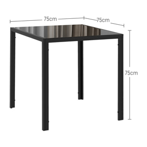 Table à manger carrée 2-4 pers. dim. 75x75x75cm plateau verre trempé 6 mm métal noir