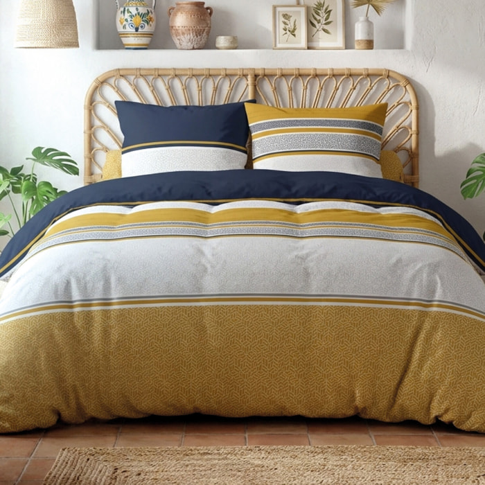 Parure housse de couette 240x220 cm imprimée graphique + 2 taies 100% Coton - JAISAÏ